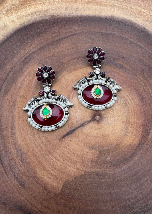 Red Monalisa Stone Earring in Oxidized Silver