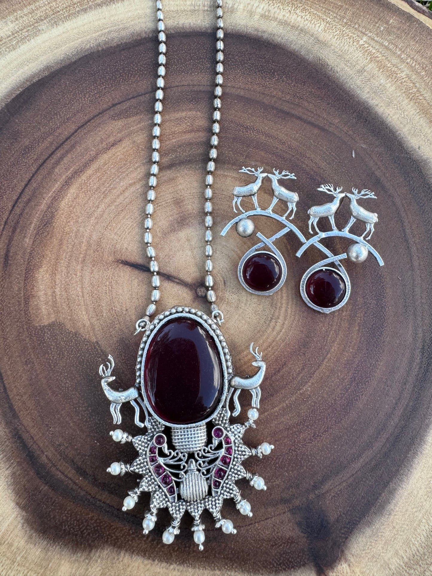 Oxidized Mala Necklace with Monalisa Stone