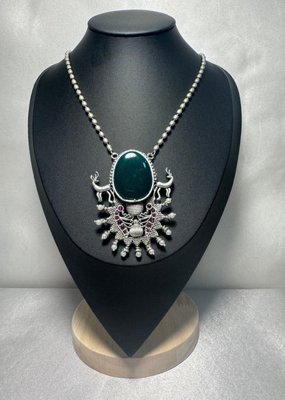Oxidized Mala Necklace with Monalisa Stone